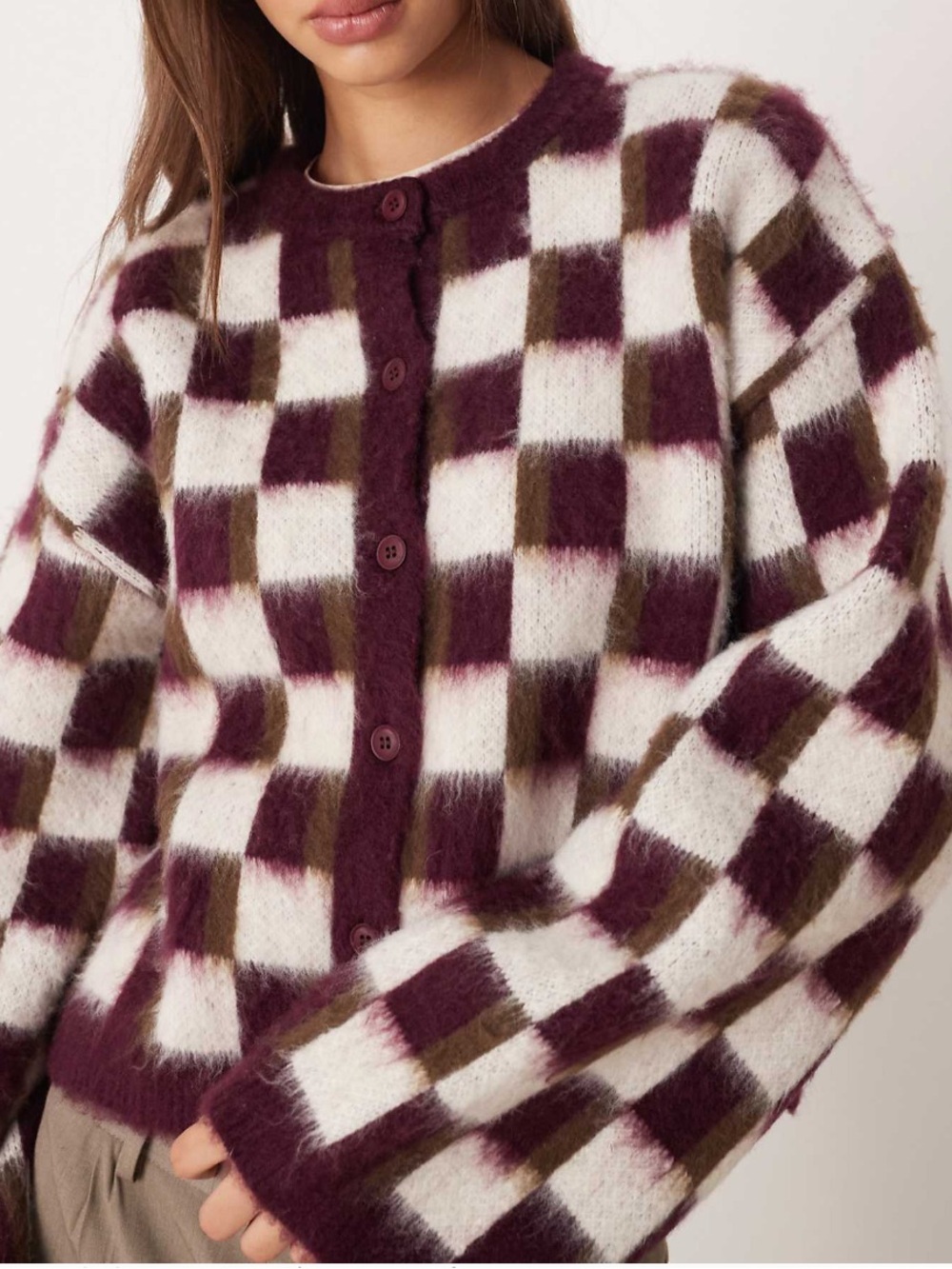 ASOS Knit Brushed Cardigan in Plum Retro Pattern